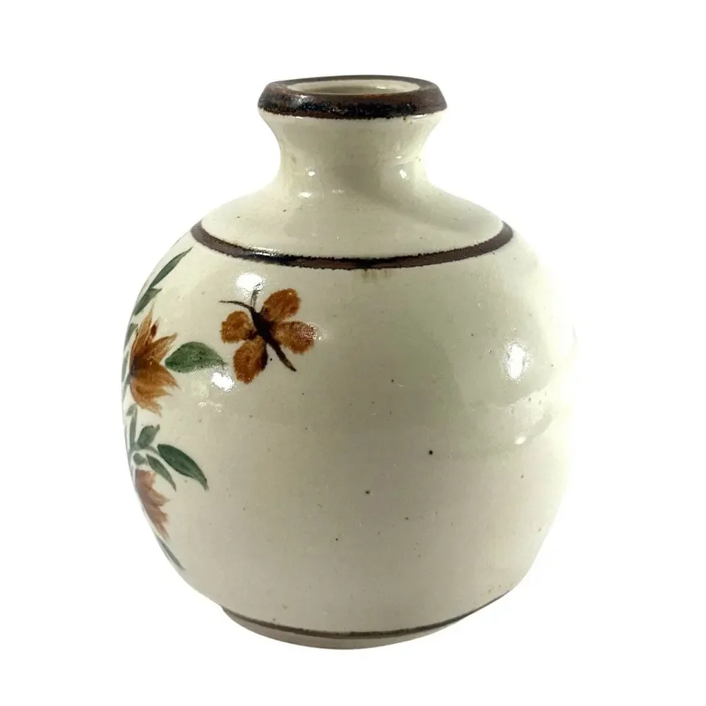 Vintage Hand Painted Stoneware Vase Floral Butterfly Folk Art Pottery 5” Heavy